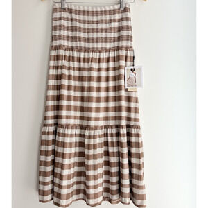 NATION LTD Smocked Gingham Midi Skirt Pima Cotton Tier Cottagecore Nyla Brown S
